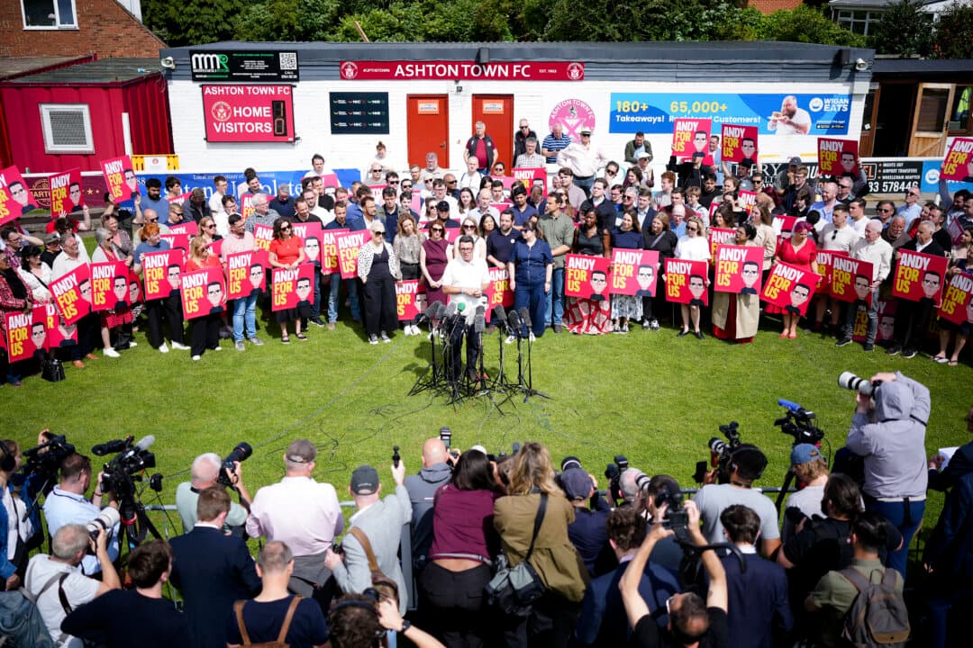 Manchester Mayor Andy Burnham speaks as he celebrates his victory in yesterday's Makerfield by-election, at Ashton Town Football Club, in Ashton in Makerfield, England, on June 19, 2026. (Christopher Furlong/Getty Images)