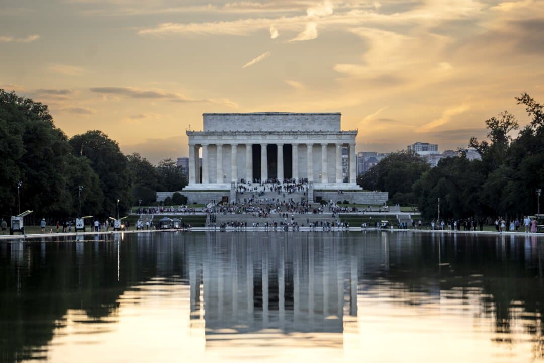 The Lincoln Memorial Reflecting Pool after it was repaired and repainted in Washington on June 16, 2026. (Madalina Kilroy/The Epoch Times)