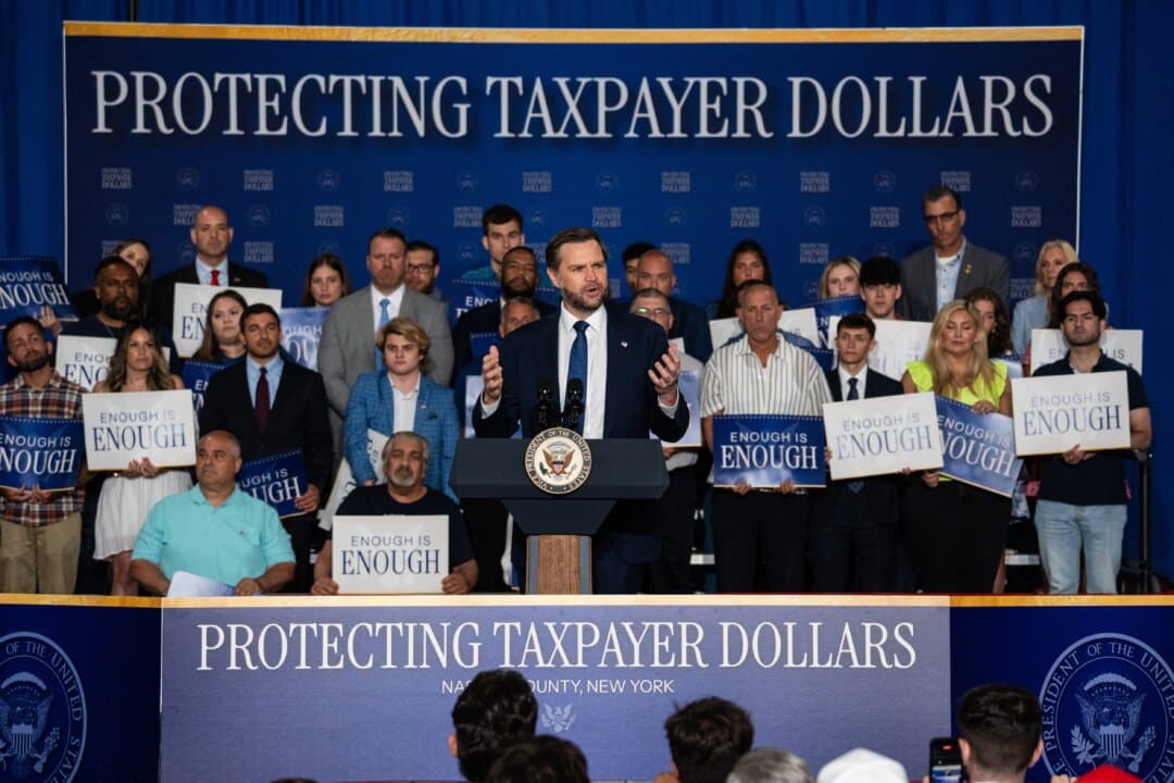 Vice President JD Vance delivers remarks on the administration's crackdown on crime and fraud in Bethpage, N.Y., on June 17, 2026. (Samira Bouaou/The Epoch Times)