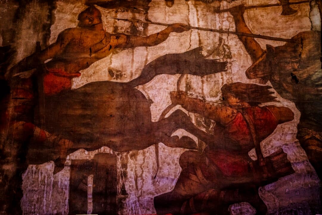 A former mural that was hidden beneath multiple layers in the Cirque d'Hiver is seen during its renovation in Paris on June 22, 2026. (Dimitar Dilkoff/AFP via Getty Images)