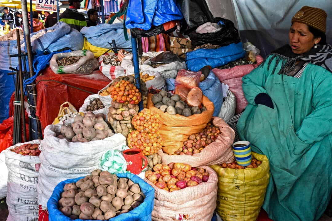 A woman sells agricultural products at a market in La Paz, Bolivia, on June 22, 2026. Bolivian police driving bulldozers cleared highways on June 21, and fuel trucks rolled into La Paz after the president declared a state of emergency to remove anti-government roadblocks that paralyzed the Andean nation. (Aizar Raldes/AFP via Getty Images)
