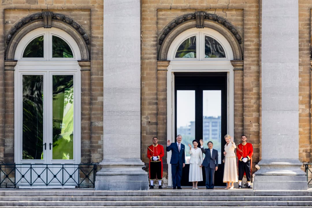 King Philippe and Queen Mathilde of Belgium welcome Emperor Naruhito and Empress Masako of Japan at the Royal Castle of Laeken in Brussels, on June 22, 2026. They are in Belgium on an official State Visit from June 20–25, marking the 160th anniversary of diplomatic relations between the two countries. (Geert Vanden Wijngaert/Getty Images)