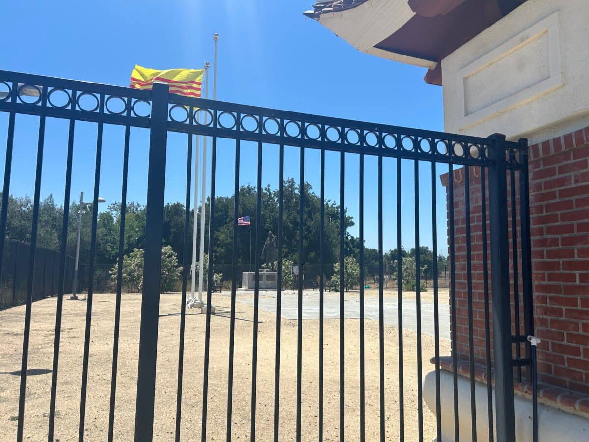 The inside of the Vietnamese Heritage Garden, including the podium where the missing Vietnamese soldier statue previously stood, in San Jose, Calif., on June 22, 2026. (Dylan Morgan/The Epoch Times)