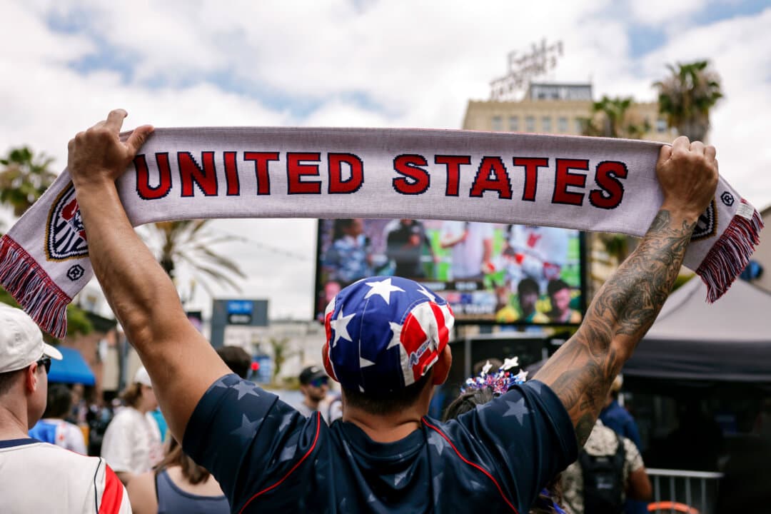 U.S. soccer fans gather at a watch party hosted by the LA Galaxy before the World Cup USA match against Australia in Long Beach, Calif., on June 19, 2026. Adams has noticed a more positive narrative about America emerging on social media during the FIFA World Cup cohosted in the United States. (Mario Tama/Getty Images)