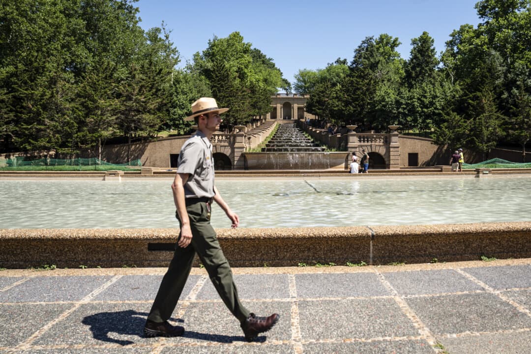 The 13-basin cascading fountain at Meridian Hill Park in Washington on June 12, 2026. The fountain was defunct for seven years before being repaired and officially reopened in May under President Donald Trump's beautification executive order. (Madalina Kilroy/The Epoch Times)