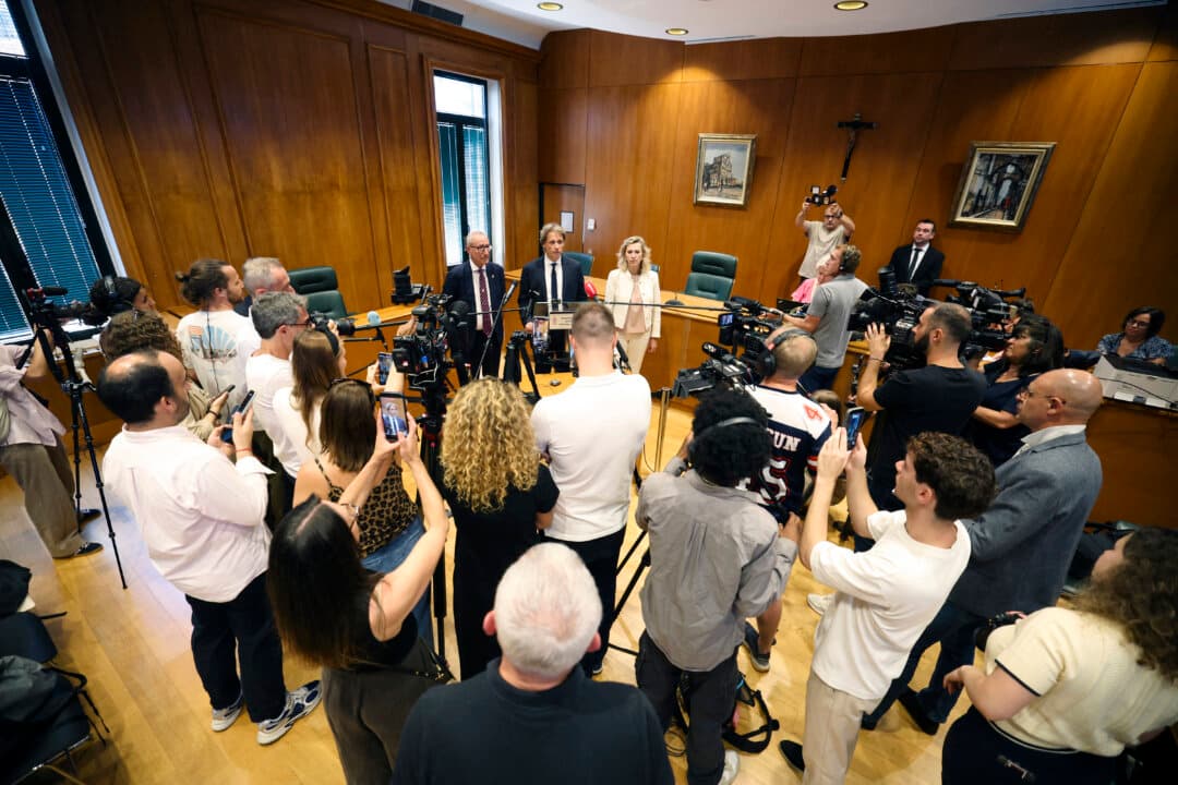 (L–R) Monaco's Public Safety director Eric Arella, deputy prosecutor Raymond Morgan, and police chief Emilie Moreau give a press conference after Interpol issued a red notice against a Ukrainian woman suspected of planting a bomb in Monaco that injured three people, including a Ukrainian-born tycoon, in Monaco on July 3, 2026. Identified as Anastasiia Berezovska, 39, the suspect is wanted in Monaco for attempted murder, placing an explosive device on a public road with criminal intent, and criminal conspiracy, according to the notice. (Valery Hache/AFP via Getty Images)