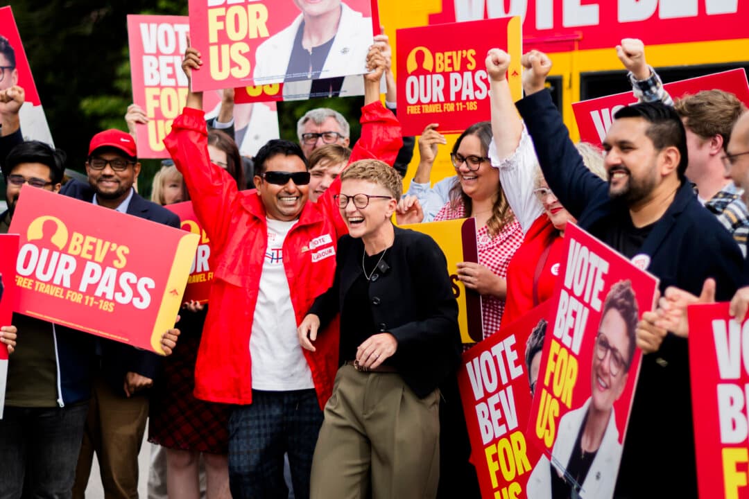 Labour's candidate for Greater Manchester mayor Bev Craig meets supporters following her speech in Stockport, England, on July 3, 2026. (Anthony Devlin/Getty Images)