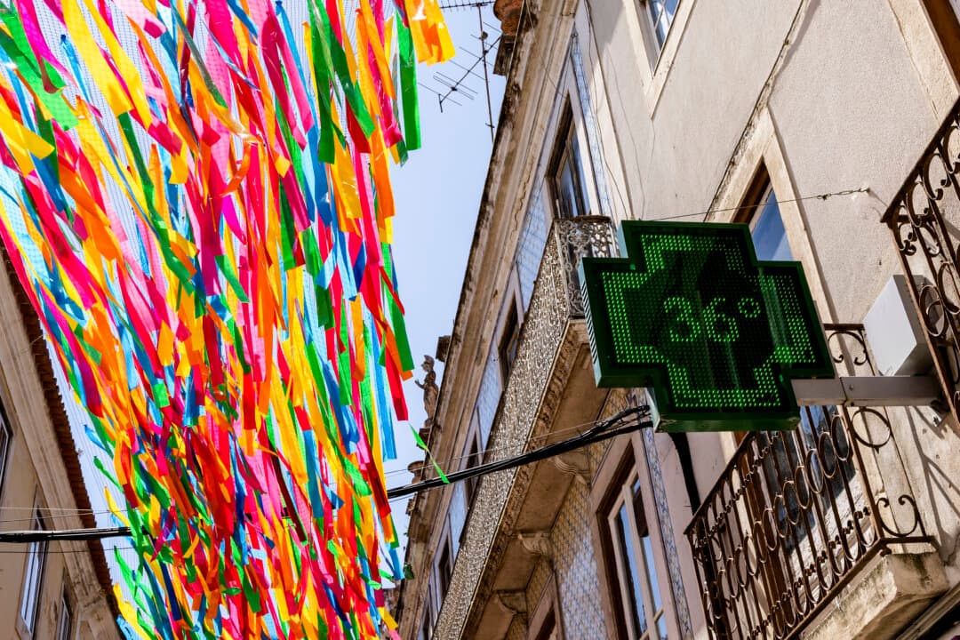 A pharmacy thermometer reads 36 degrees Celsius (96.8 degrees Fahrenheit) at 11:30 a.m. in Sa da Bandeira square in Santarem, Portugal, on July 3, 2026. Parts of Portugal are under red alert due to forecast high temperatures in the coming days after being relatively spared by the recent European heatwave. (Henrique Casinhas/AFP via Getty Images)