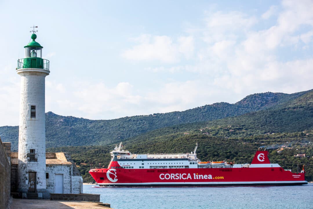 The Corsica Linea ferry Vizzavona sails in the Bay of Propriano South Corsica, France, on July 4, 2026. (Grichka Beysson-Leandri/Hans Lucas/AFP via Getty Images)