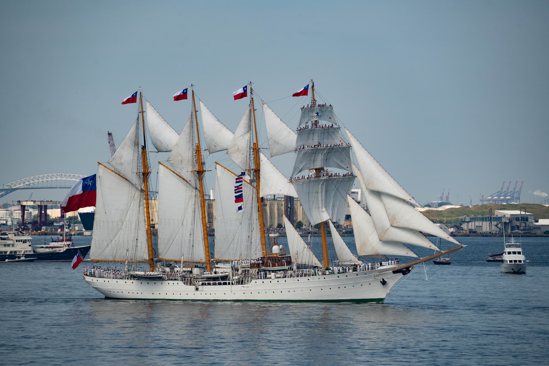 Esmeralda of Chile at the Sail4th 250 parade of tall ships in New York City on July 4, 2026. (Samira Bouaou/The Epoch Times)