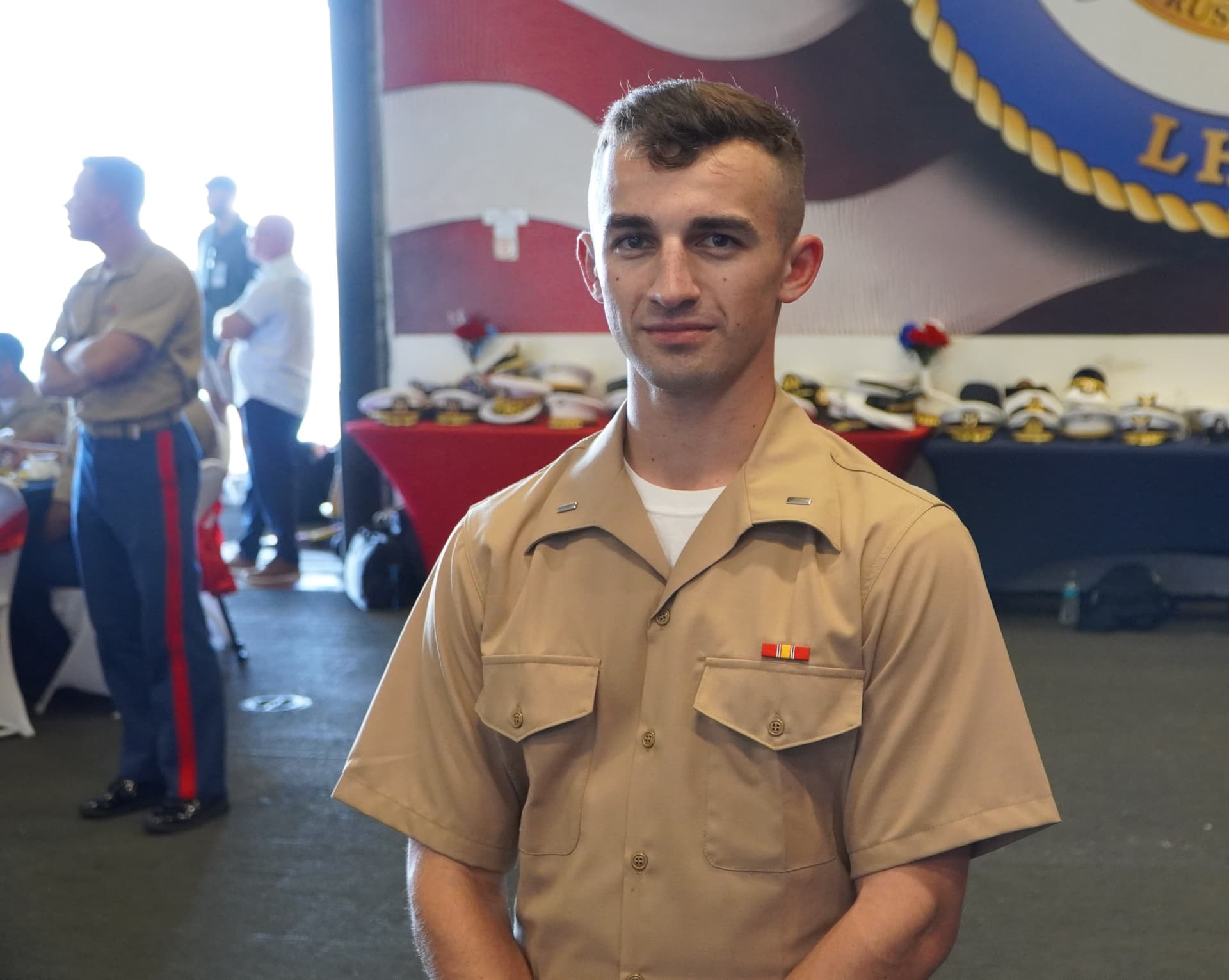 First Lt. Cody Swigart aboard the USS Kearsarge in New York Harbor on July 4, 2026. (Nicholas Zifcak/The Epoch Times)