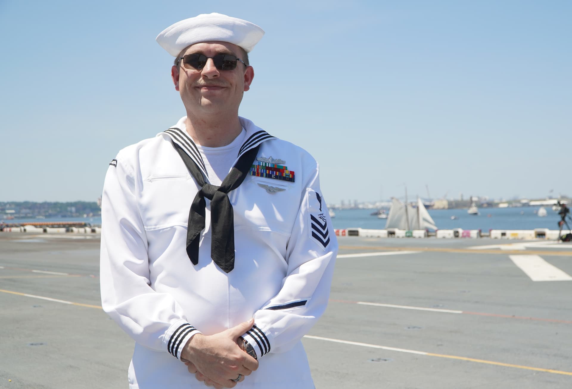 Michael Haley on the deck of the USS Kearsarge in New York Harbor on July 4, 2026. (Nicholas Zifcak/The Epoch Times)
