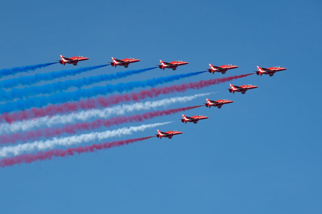 Royal Air Force Red Arrows fly in formation during the International Naval Review 250 in New York City on July 4, 2026. (Samira Bouaou/The Epoch Times)