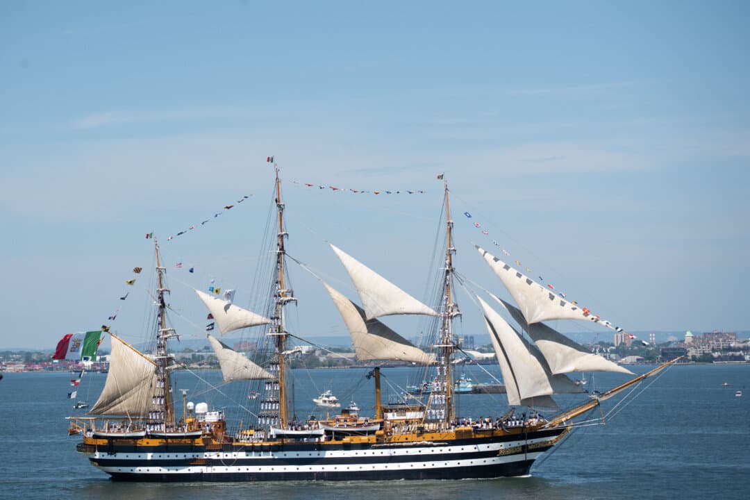 Amerigo Vespucci of Italy at the Sail4th 250 parade of tall ships in New York City on July 4, 2026. (Samira Bouaou/The Epoch Times)