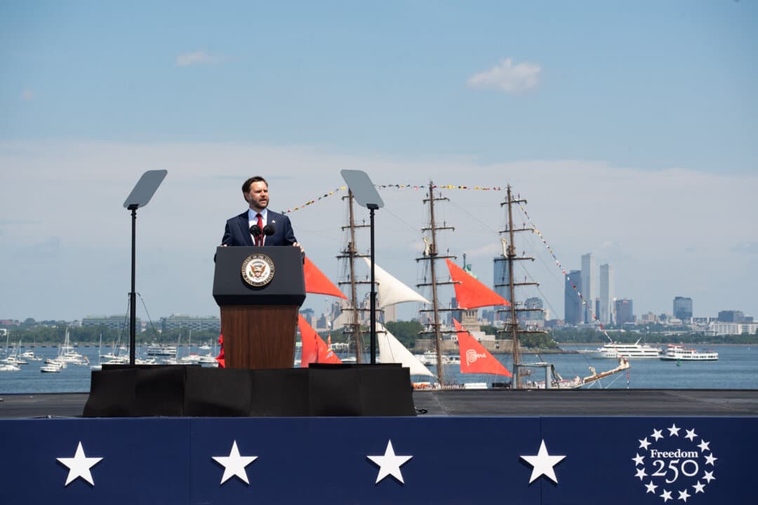 Vice President JD Vance delivers remarks aboard the USS Kearsarge at the International Naval Review 250 in New York City on July 4, 2026. (Samira Bouaou/The Epoch Times)