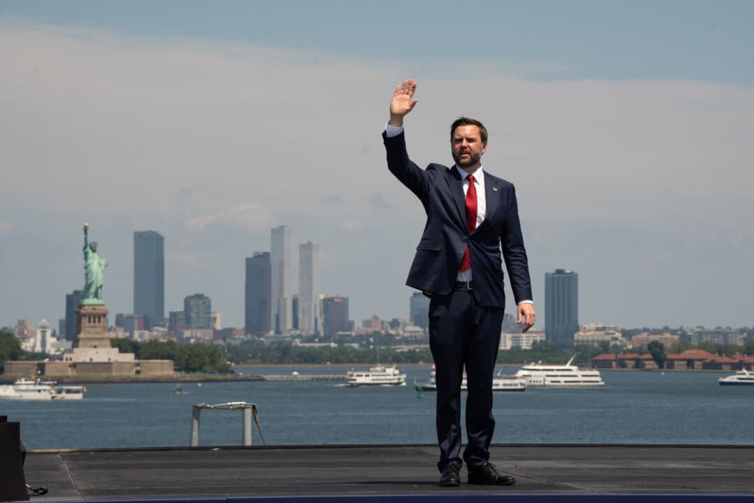 Vice President JD Vance delivers remarks aboard the USS Kearsarge at the International Naval Review 250 in New York City on July 4, 2026. (Samira Bouaou/The Epoch Times)