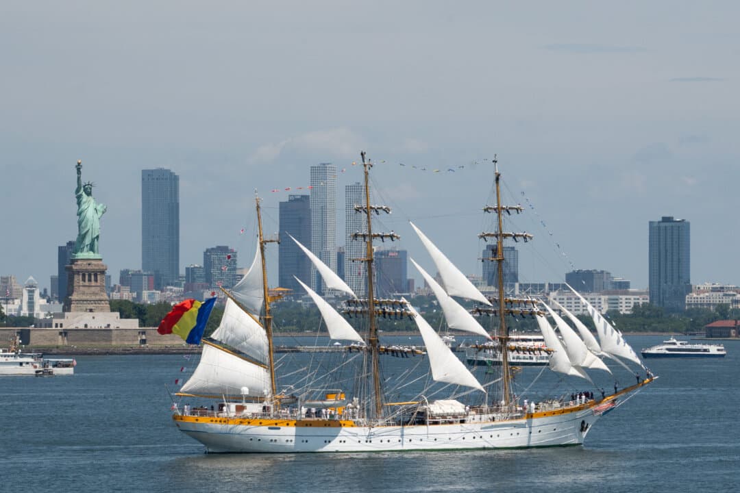 Mircea of Romania at the Sail4th 250 parade of tall ships in New York City on July 4, 2026. (Samira Bouaou/The Epoch Times)