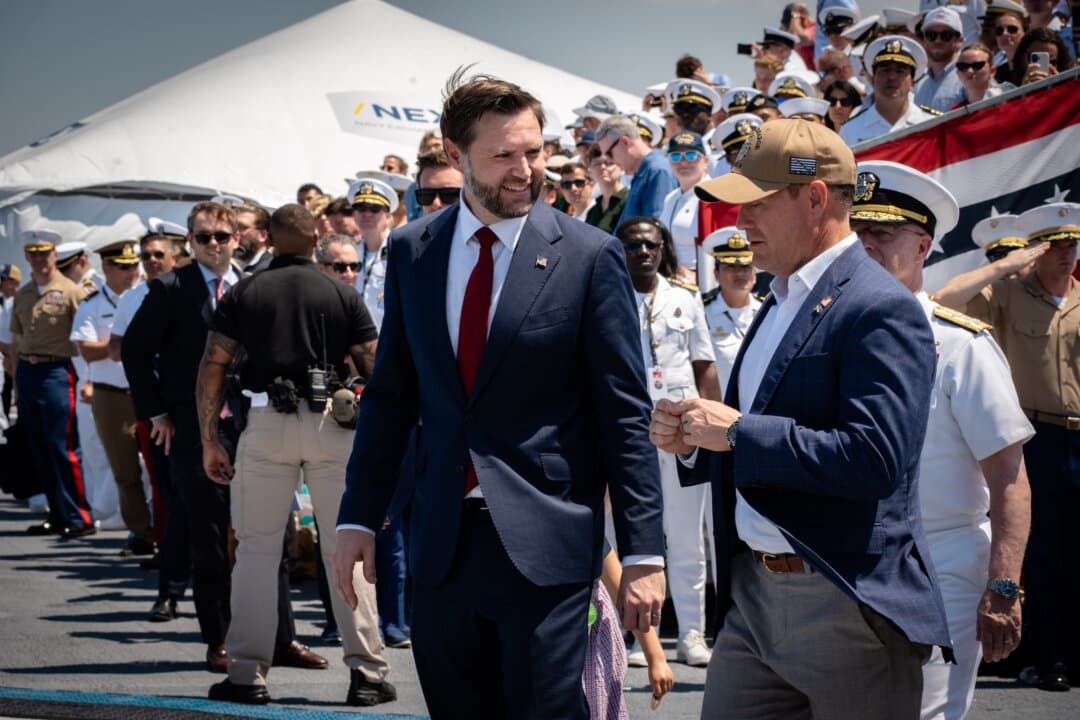 Vice President JD Vance departs after delivering remarks aboard the USS Kearsarge at the International Naval Review 250 in New York City on July 4, 2026. (Samira Bouaou/The Epoch Times)