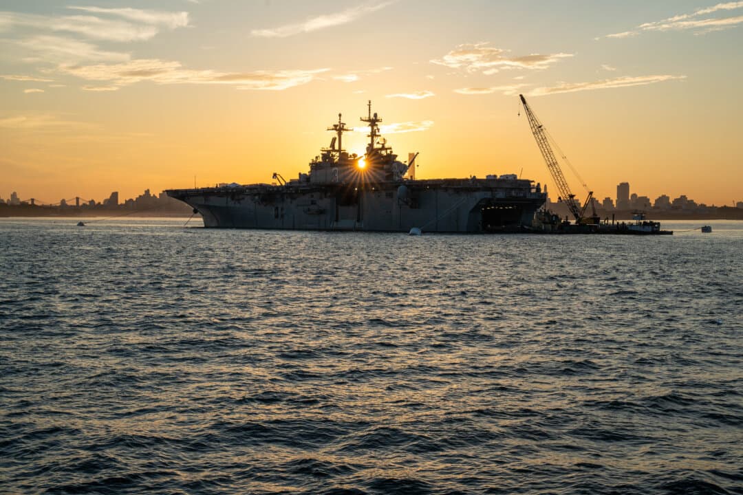The USS Kearsarge is anchored ahead of the International Naval Review 250 in New York City on July 4, 2026. (Samira Bouaou/The Epoch Times)