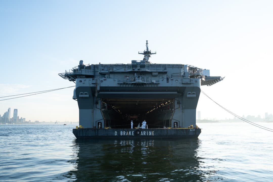 The USS Kearsarge ahead of the International Naval Review 250 in New York City on July 4, 2026. (Samira Bouaou/The Epoch Times)