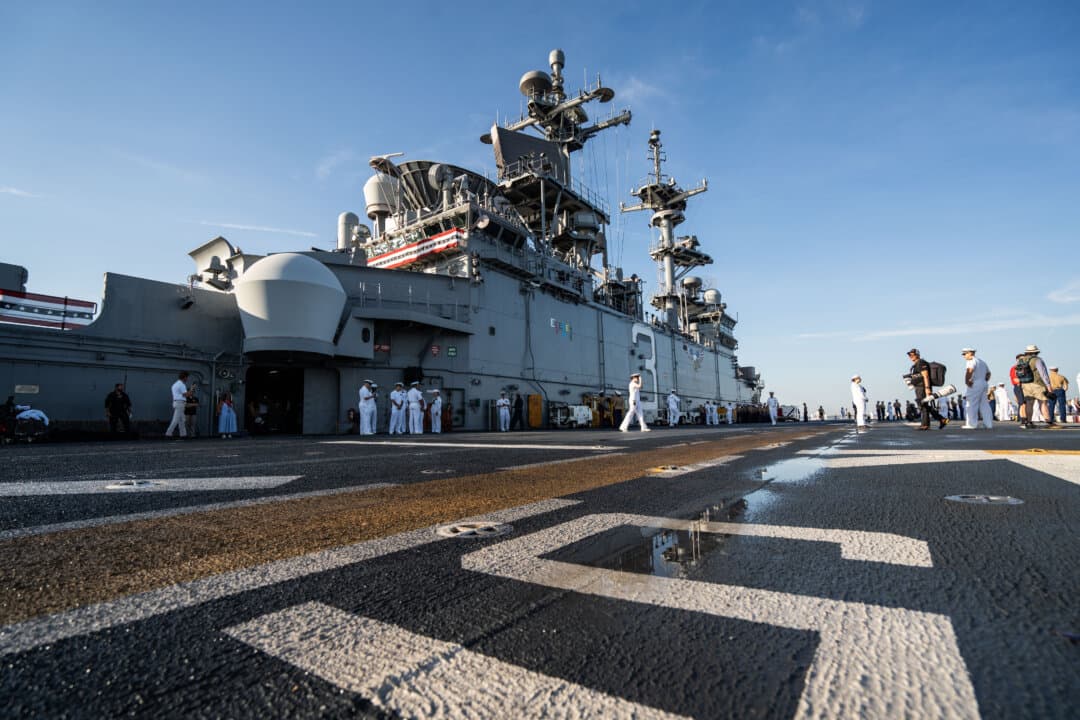 The USS Kearsarge ahead of the International Naval Review 250 in New York City on July 4, 2026. (Samira Bouaou/The Epoch Times)