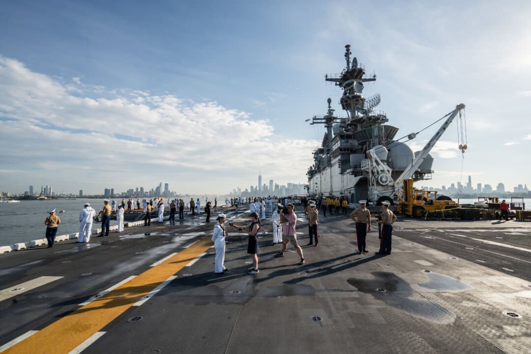 The USS Kearsarge ahead of the International Naval Review 250 in New York City on July 4, 2026. (Samira Bouaou/The Epoch Times)