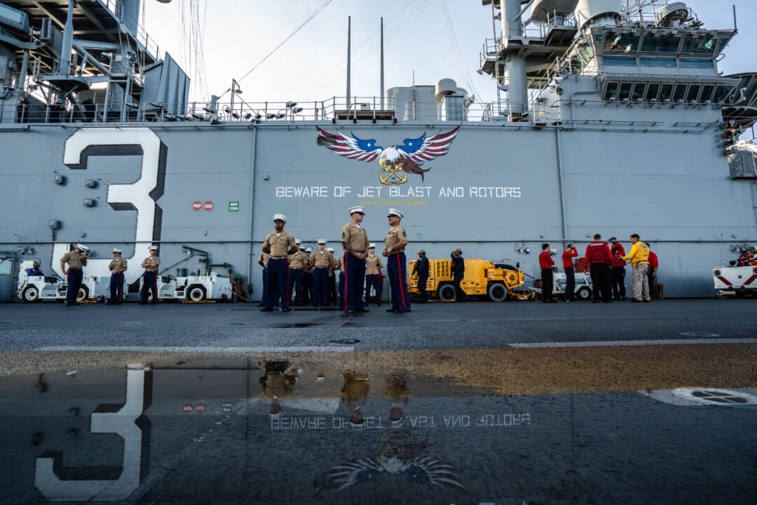 The USS Kearsarge ahead of the International Naval Review 250 in New York City on July 4, 2026. (Samira Bouaou/The Epoch Times)