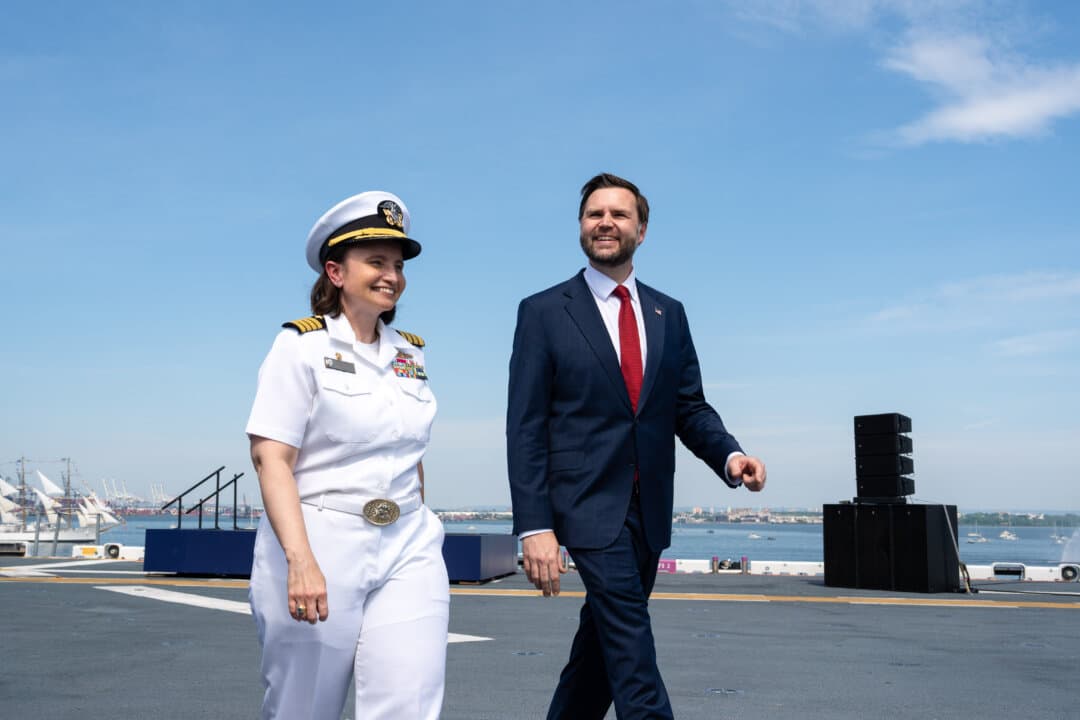 Vice President JD Vance arrives with Capt. Rosie Goscinski to deliver remarks aboard the USS Kearsarge at the International Naval Review 250 in New York City on July 4, 2026. (Samira Bouaou/The Epoch Times)
