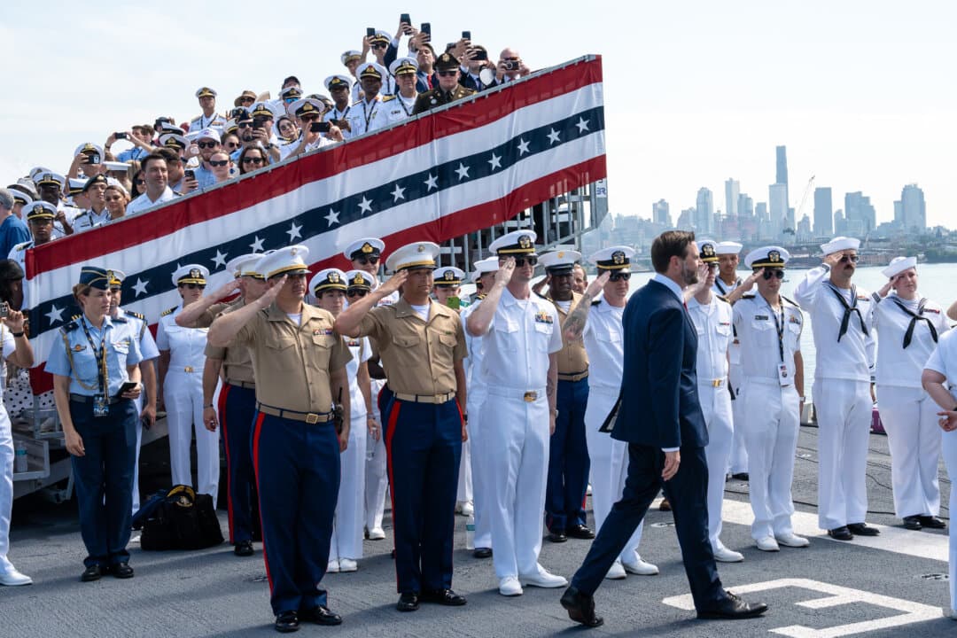 Vice President JD Vance arrives to deliver remarks aboard the USS Kearsarge at the International Naval Review 250 in New York City on July 4, 2026. (Samira Bouaou/The Epoch Times)