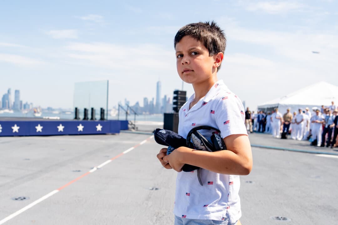 Ewan Blaine Vance, oldest son of Vice President JD Vance, aboard the USS Kearsarge at the International Naval Review 250 in New York City on July 4, 2026. (Samira Bouaou/The Epoch Times)