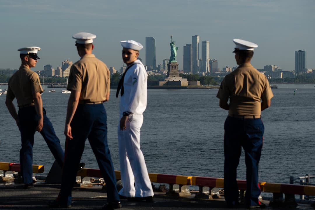 Sailors aboard the USS Kearsarge ahead of the International Naval Review 250 in New York City on July 4, 2026. (Samira Bouaou/The Epoch Times)