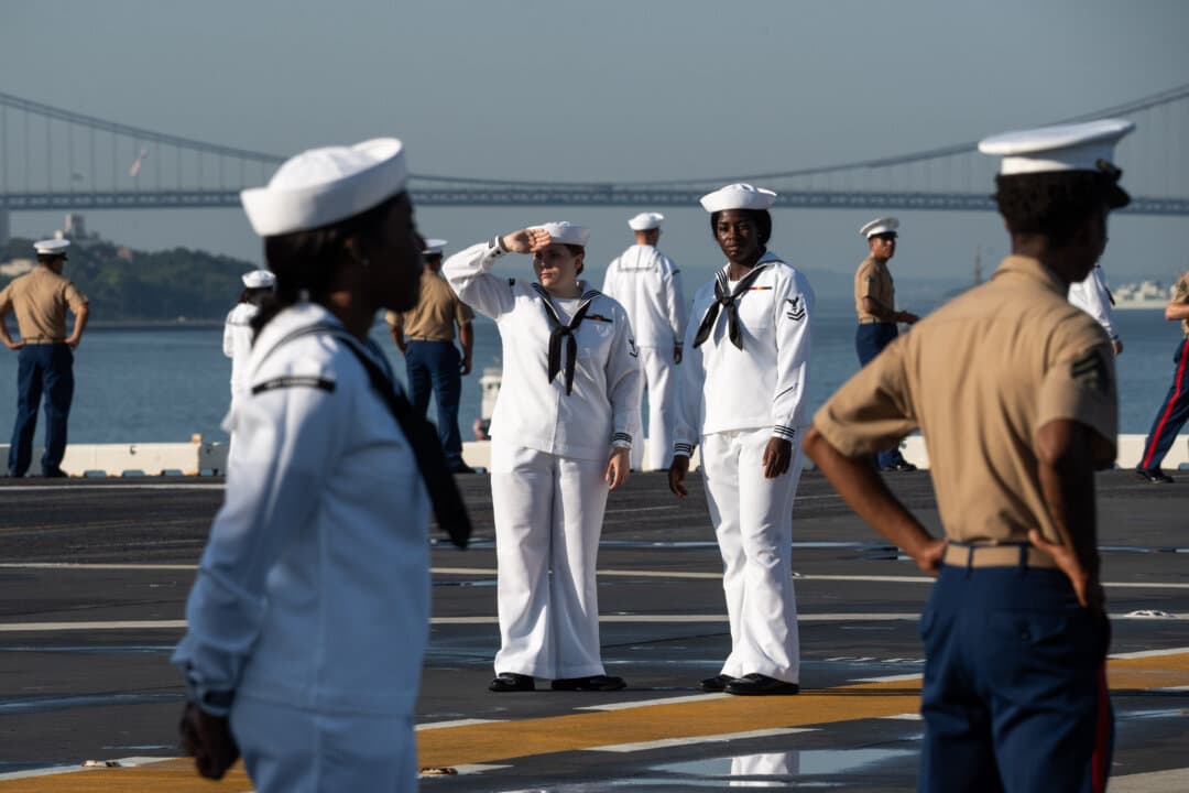 Sailors aboard the USS Kearsarge ahead of the International Naval Review 250 in New York City on July 4, 2026. (Samira Bouaou/The Epoch Times)