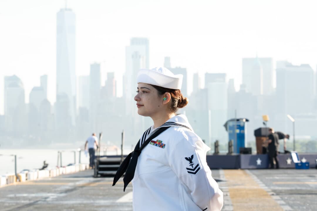 Sailors aboard the USS Kearsarge ahead of the International Naval Review 250 in New York City on July 4, 2026. (Samira Bouaou/The Epoch Times)