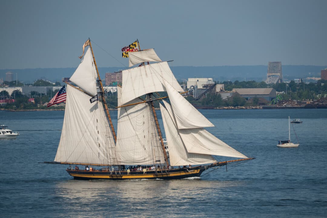 Pride of Baltimore II at the Sail4th 250 parade of tall ships in New York City on July 4, 2026. (Samira Bouaou/The Epoch Times)