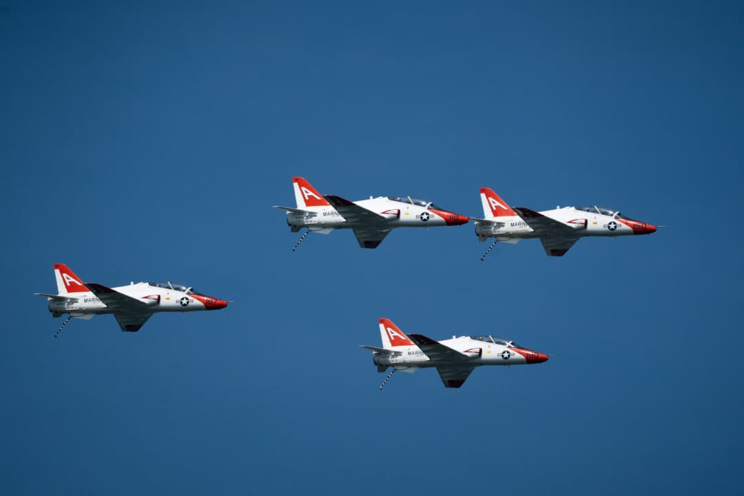 McDonnell Douglas T-45 Goshawk fly during the International Naval Review 250 in New York City on July 4, 2026. (Samira Bouaou/The Epoch Times)