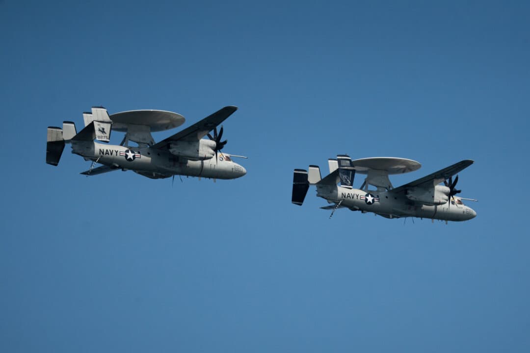 U.S. Navy Grumman E-2 Hawkeye flies during the International Naval Review 250 in New York City on July 4, 2026. (Samira Bouaou/The Epoch Times)