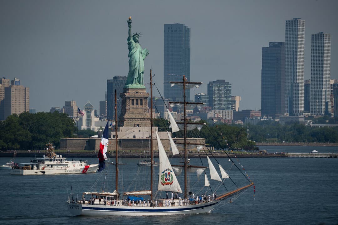 Juan Bautista Cambiaso of the Dominican Republic at the Sail4th 250 parade of tall ships in New York City on July 4, 2026. (Samira Bouaou/The Epoch Times)