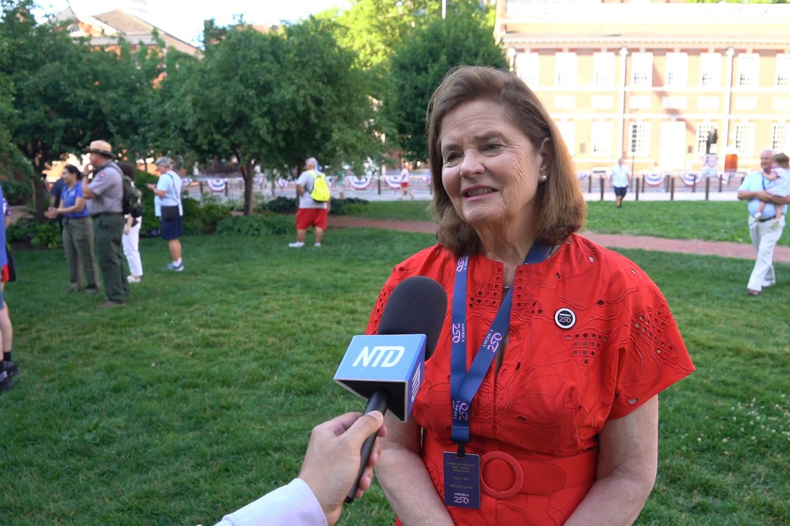 America250 commissioner Cathy Gillespie attended the ceremony to bury the United States’ Semiquincentennial time capsule, held on the lawn at Independence Hall on July 4, 2026. (William Huang /The Epoch Times)