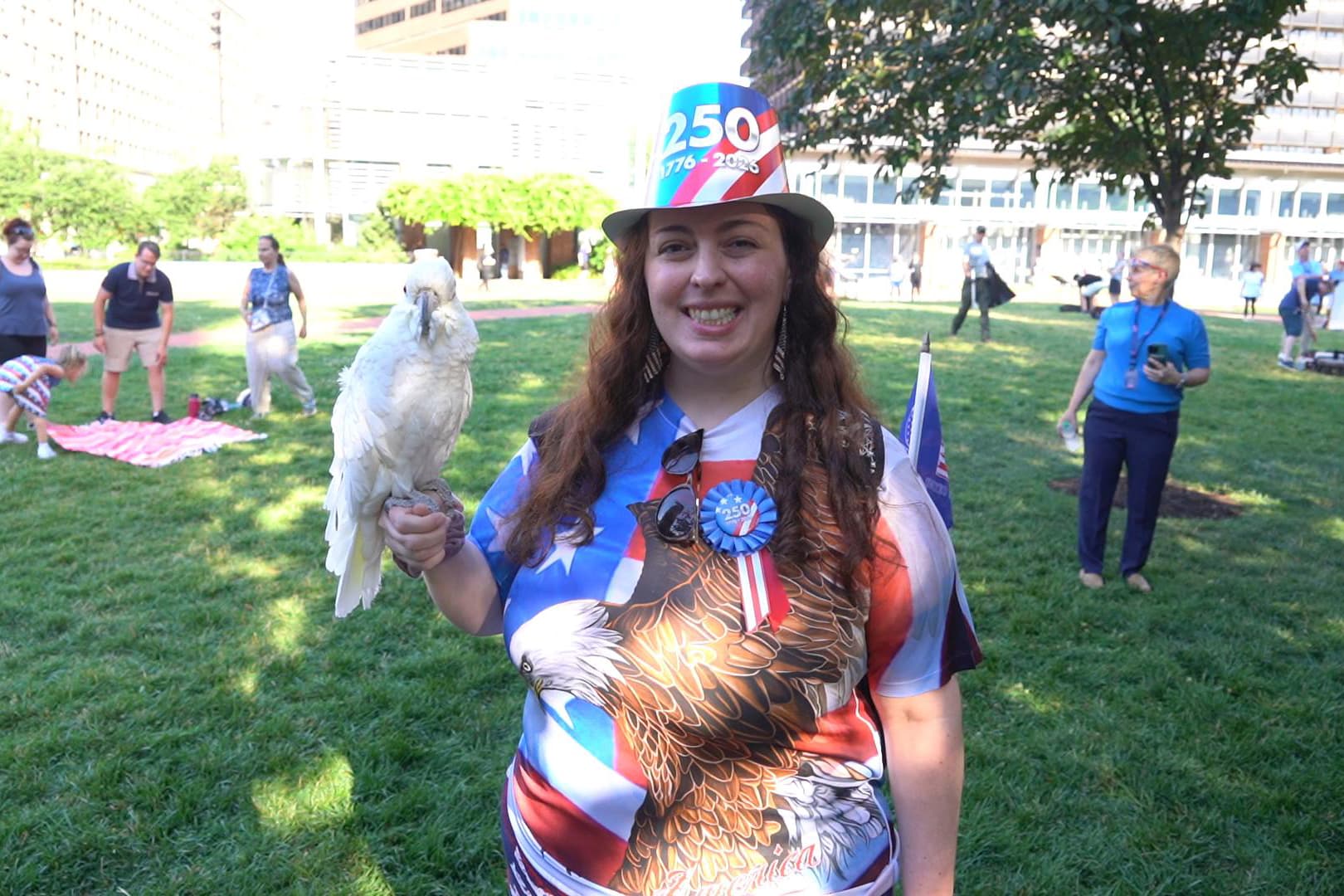 Jacqueline Sarricchio, a telemetry technician in Jefferson Hospital, attended the ceremony burying the United States’ Semiquincentennial time capsule held on the lawn at Independence Hall on July 4, 2026. (William Huang /The Epoch Times)