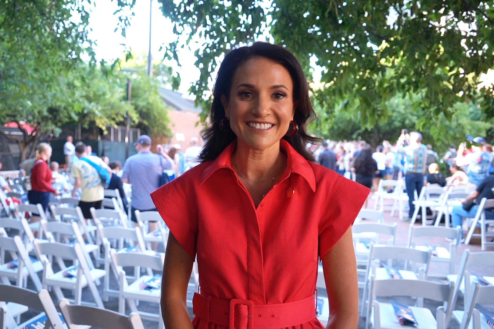 Jennifer Condon, executive vice president and CEO of America250.org, attended the ceremony to bury the United States’ Semiquincentennial time capsule on the lawn at Independence Hall on July 4, 2026. (William Huang /The Epoch Times)