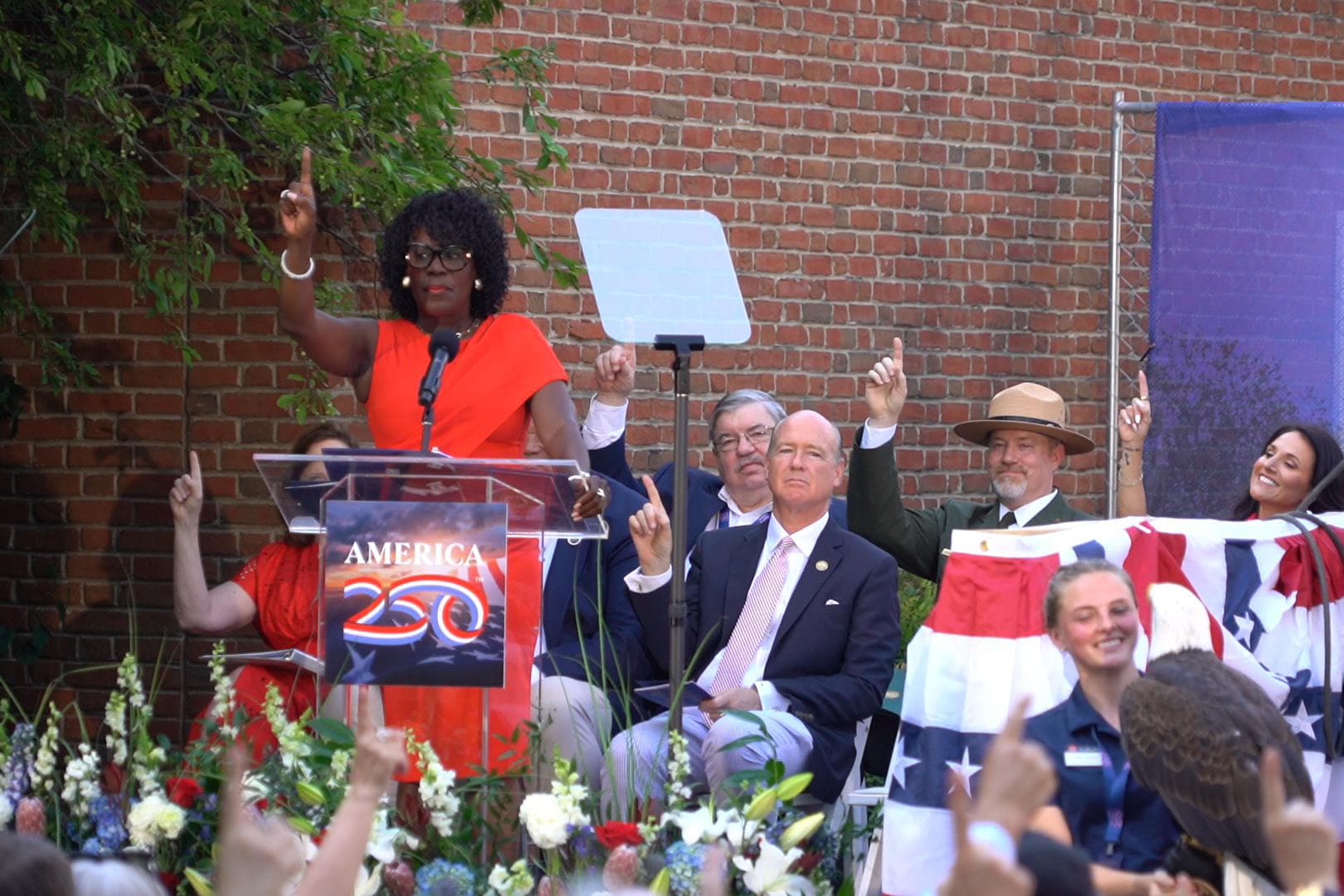 Philadelphia Mayor Cherelle Parker delivered remarks at the ceremony to bury the Time Capsule at Independence Hall in Philadelphia on July 4, 2026. (William Huang /The Epoch Times)