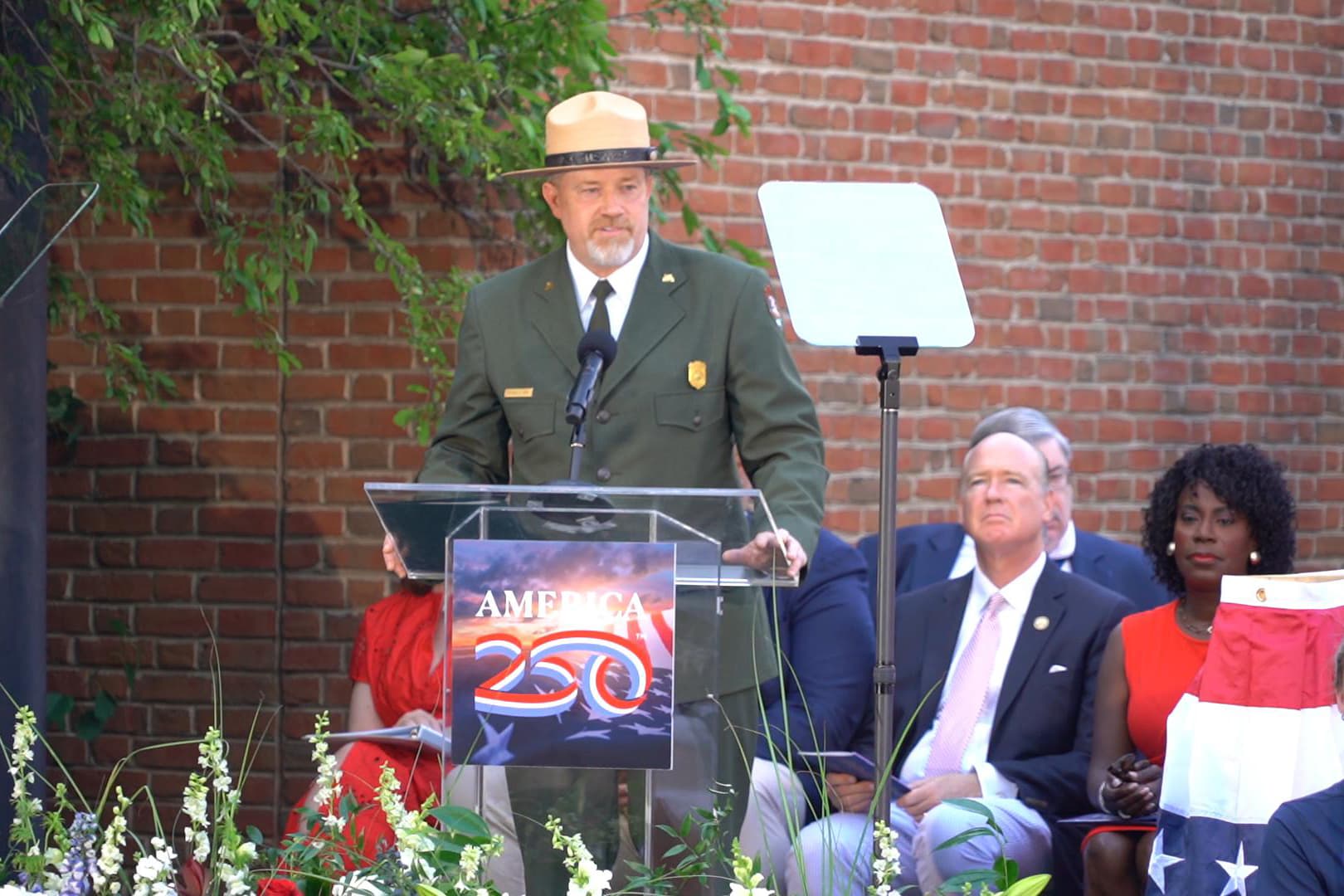 Steve Sims, superintendent of Independence National Historical Park, delivered remarks at the ceremony to bury the Time Capsule at Independence Hall in Philadelphia on July 4, 2026. (William Huang /The Epoch Times)