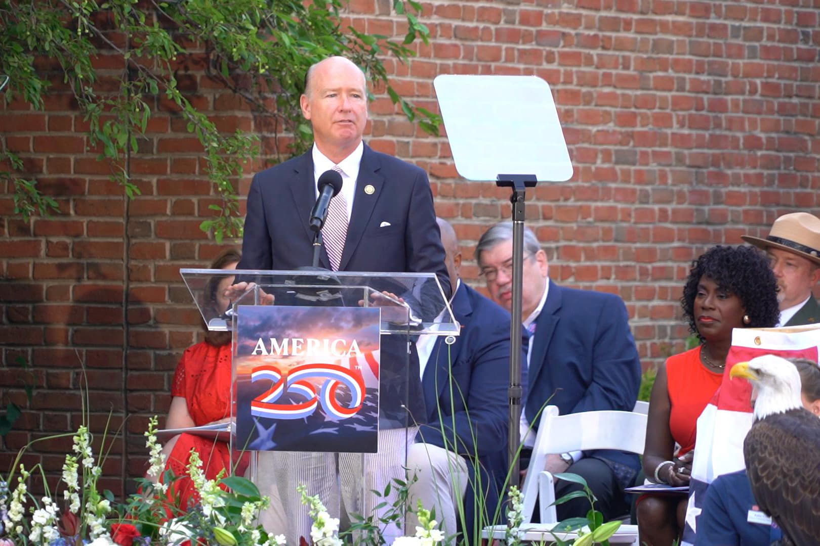 U.S. Representative Robert Aderholt of Alabama delivered remarks at the ceremony to bury the Time Capsule at Independence Hall in Philadelphia on July 4, 2026. (William Huang /The Epoch Times)