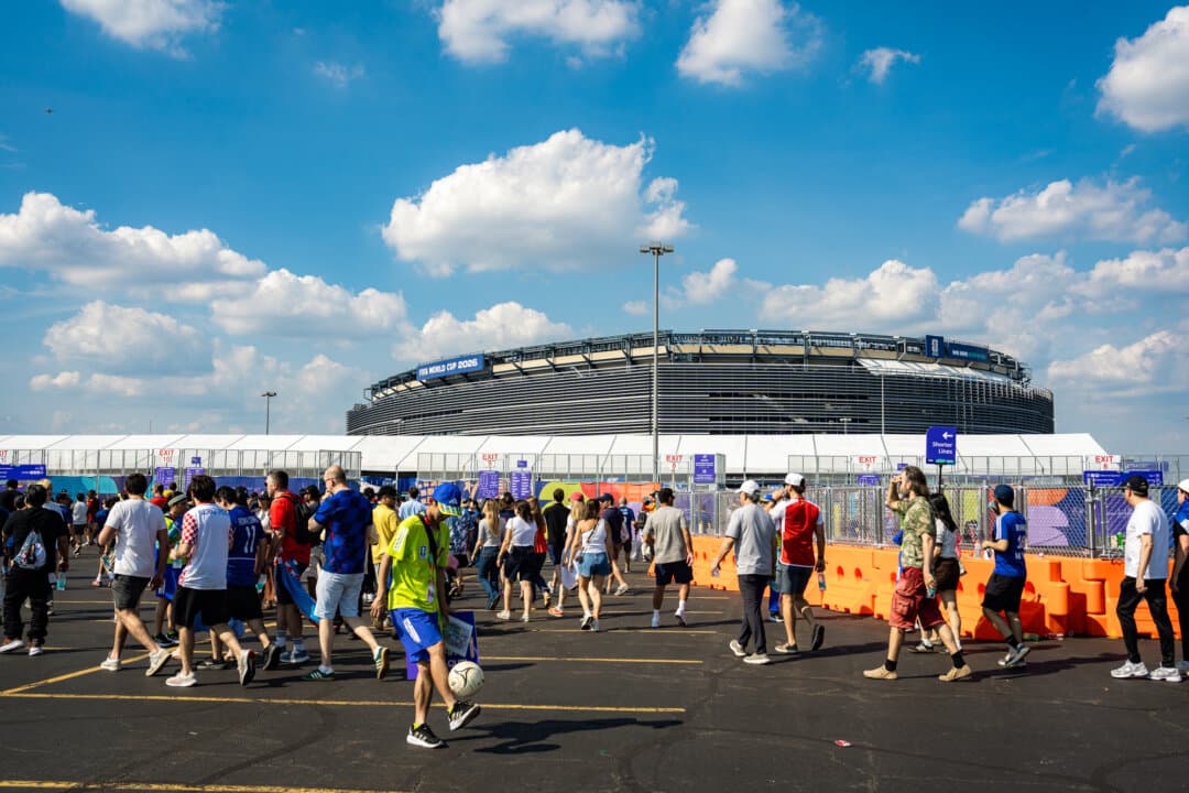 Spectators gather for the France versus Sweden FIFA World Cup match, outside MetLife Stadium in East Rutherford, N.J., on June 30, 2026. France beat Sweden 3–0. (Samira Bouaou/The Epoch Times)