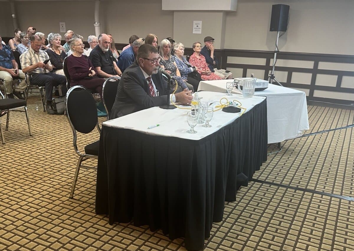 Gary Clement, former national director of the RCMP’s Proceeds of Crime program, speaks at a public hearing of the Review of the Island Regulatory and Appeals Commission in Charlottetown on July 6, 2026. (Omid Ghoreishi/The Epoch Times)