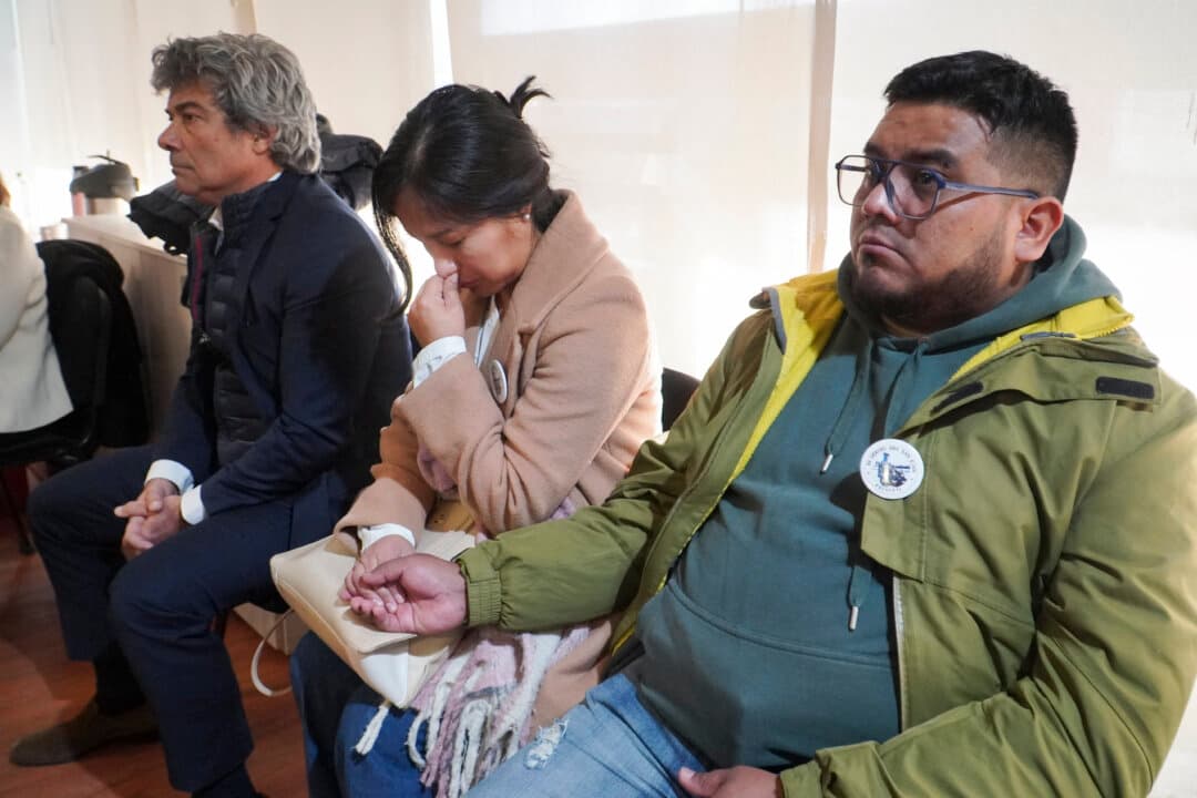 Relatives of some of the 44 Argentine Navy personnel who died in the 2017 sinking of the ARA San Juan submarine attend a sentencing hearing in Rio Gallegos, Argentina, on July 8, 2026. An Argentine court has handed down a three-year suspended prison sentence to former naval commander Claudio Villamide in connection with the sinking of the submarine. (Walter Diaz/AFP via Getty Images)