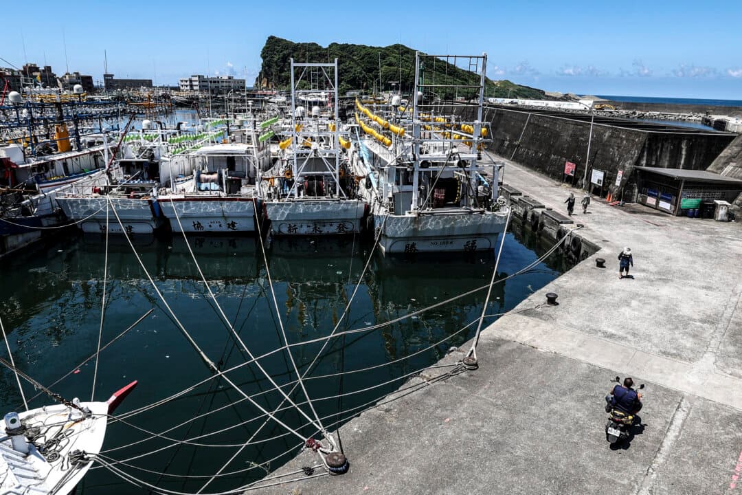 Fishing boats are secured at Shen'ao Harbor ahead of the arrival of Typhoon Bavi in New Taipei City, Taiwan, on July 9, 2026. (I-Hwa Cheng/AFP via Getty Images)