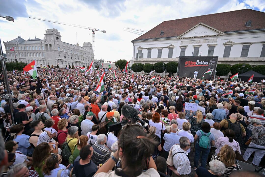 Supporters of former Prime Minister Viktor Orban rally in front of the presidential palace in Budapest, Hungary, on July 9, 2026, to protest the 17th Amendment to the Fundamental Law, which aims to de-politicize state institutions. The amendment was initiated by the Tisza government, which ousted Orban in April. (Attila Kisbenedek/AFP via Getty Images)