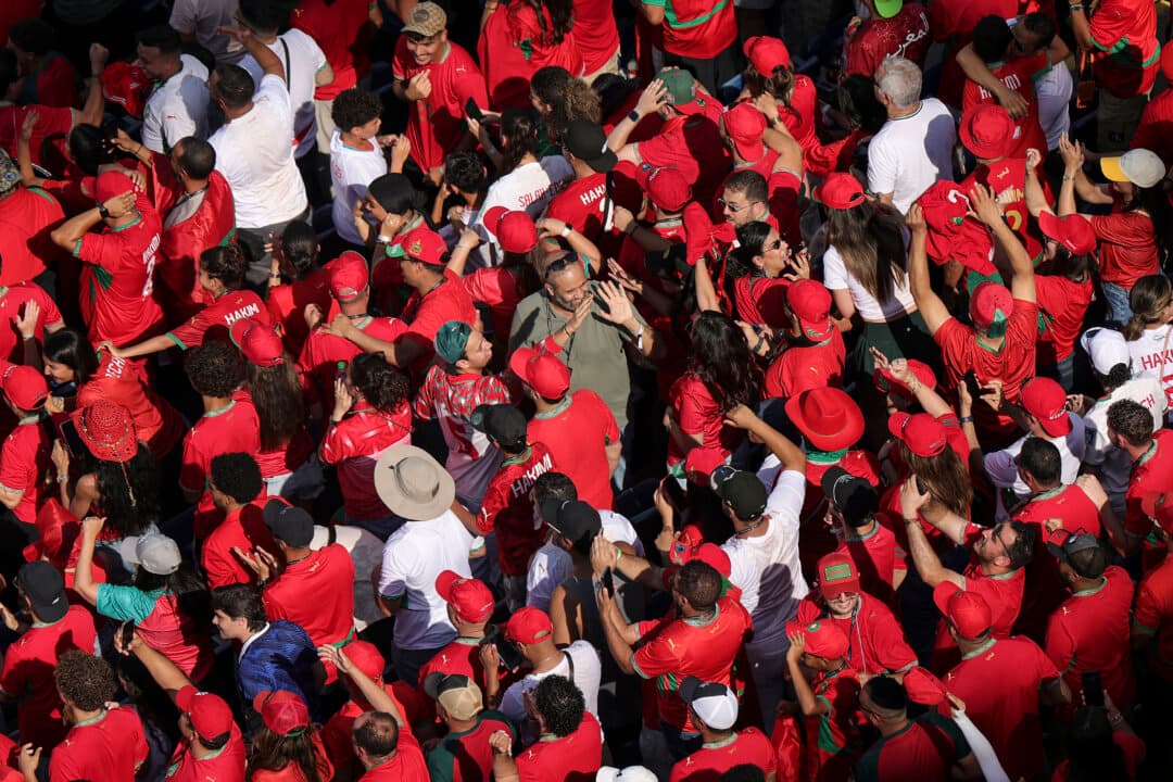 Morocco fans celebrate after Yassine Bounou of Morocco saves a penalty kick by Kylian Mbappe of France during their FIFA World Cup 2026 Quarterfinal match at Boston Stadium in Foxborough, Mass., on July 9, 2026. (Alex Slitz/Getty Images)