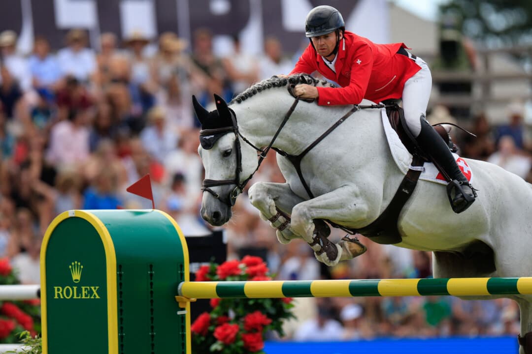 Switzerland's Jason Smith competes on the horse Picobello Van'T Roosakker during the Falsterbo Nations Cup 2026 international show jumping event at the Falsterbo Horse Show in Falsterbo, Sweden, on July 10, 2026. (Andreas Hillergreen/TT News Agency/AFP via Getty Images)